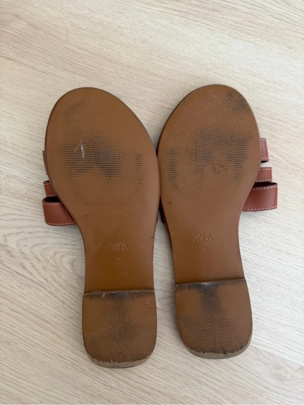 Zara Tan Leather Slide Sandals with Gold Studs - Picture 3 of 3